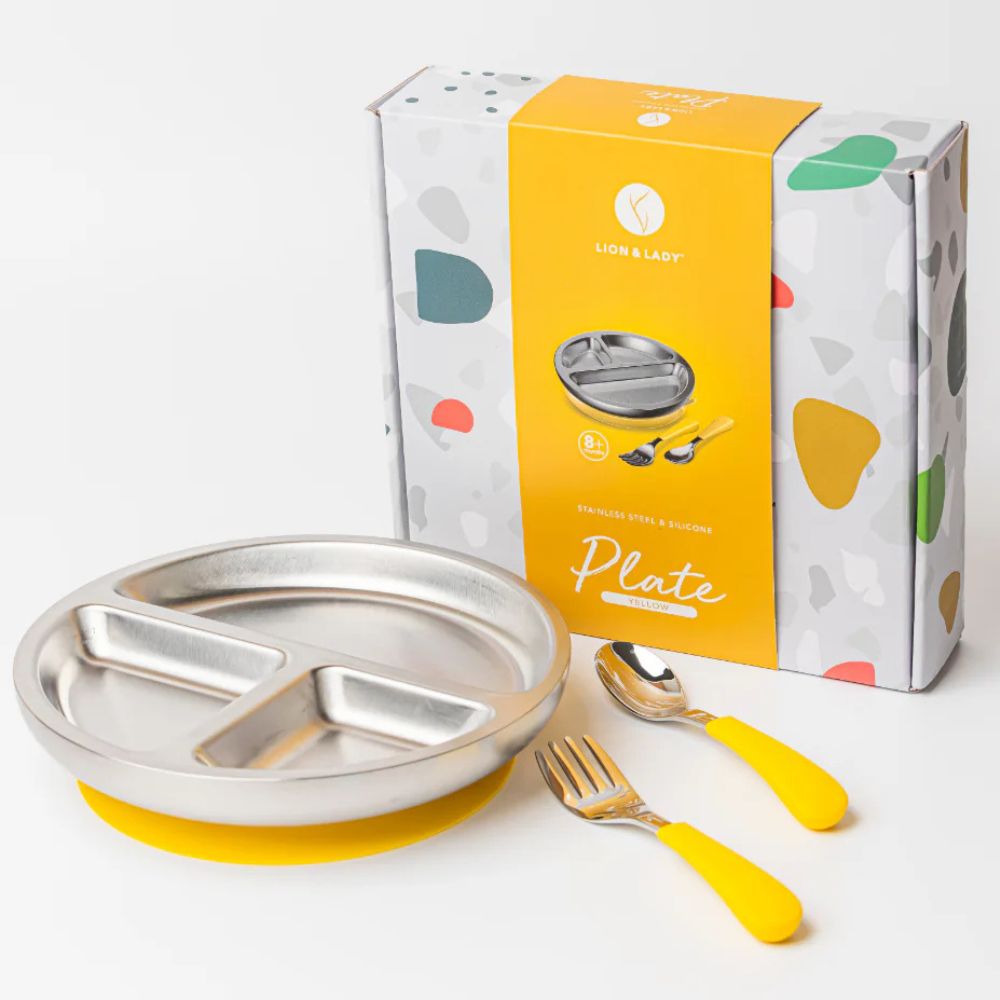 Lion & Lady 18/8 Stainless Toddler Plate with Silicone Suction Base, Spoon and Fork