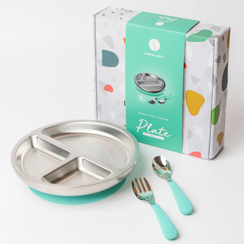 Lion & Lady 18/8 Stainless Toddler Plate with Silicone Suction Base, Spoon and Fork