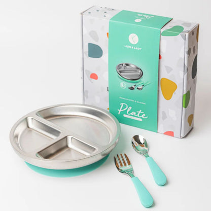 Lion & Lady 18/8 Stainless Toddler Plate with Silicone Suction Base, Spoon and Fork