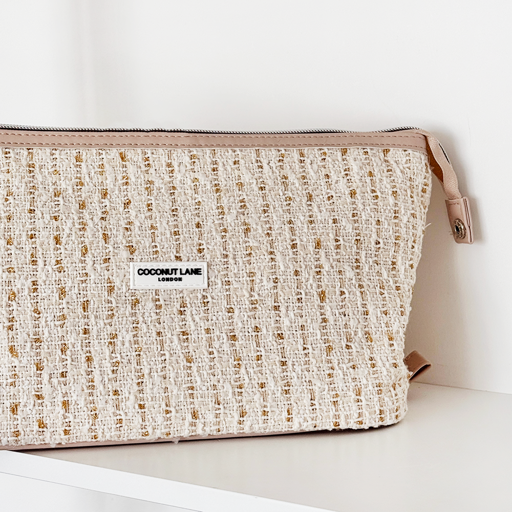 Expandable Makeup Bag - Vanilla Textured Tweed