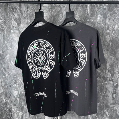 Chrome Heart T Shirts Cross Leather Print Short Sleeve T-Shirt Loose