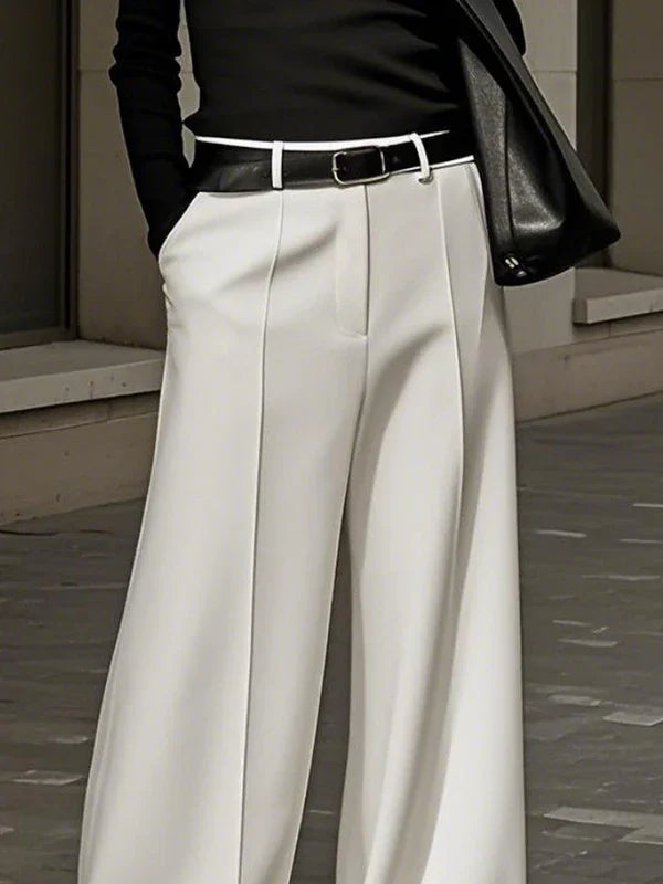 Yeezzi Women's Fashion Simple Solid Color High Waist Wide Leg Pants Loose Urban Casual Office Formal Trousers Bottoms No Belt