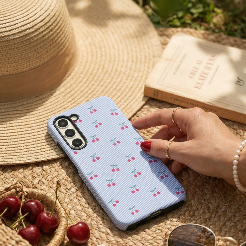Samsung Tough Phone Case - Blue Stripe Cherries