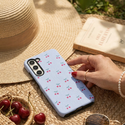 Samsung Tough Phone Case - Blue Stripe Cherries