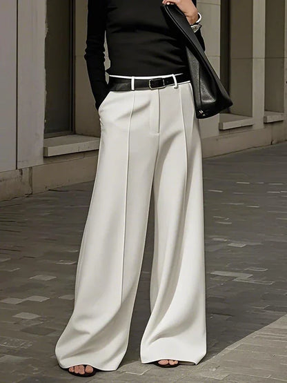 Yeezzi Women's Fashion Simple Solid Color High Waist Wide Leg Pants Loose Urban Casual Office Formal Trousers Bottoms No Belt