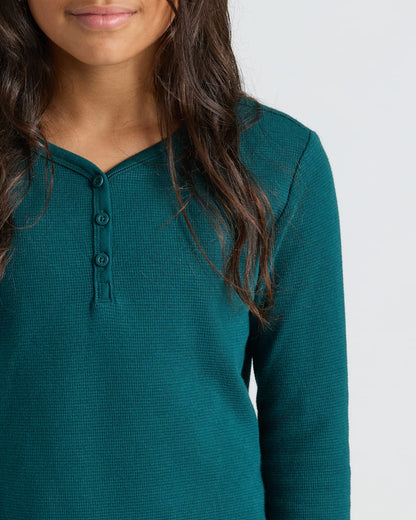 Girls Deep Emerald Waffle Long Sleeve Henley & Waffle Leg Pants 2-Pack