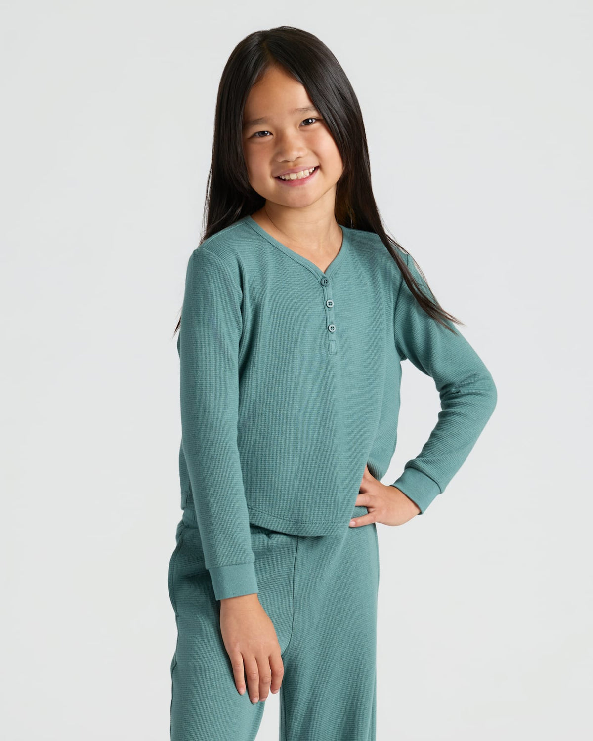 Girls Stormcloud Long Sleeve Boxy Waffle Henley