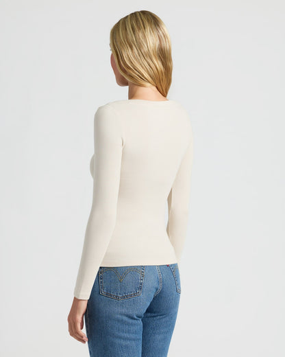 Womens Oatmeal Ribbed Long Sleeve Scoop Neck Tee
