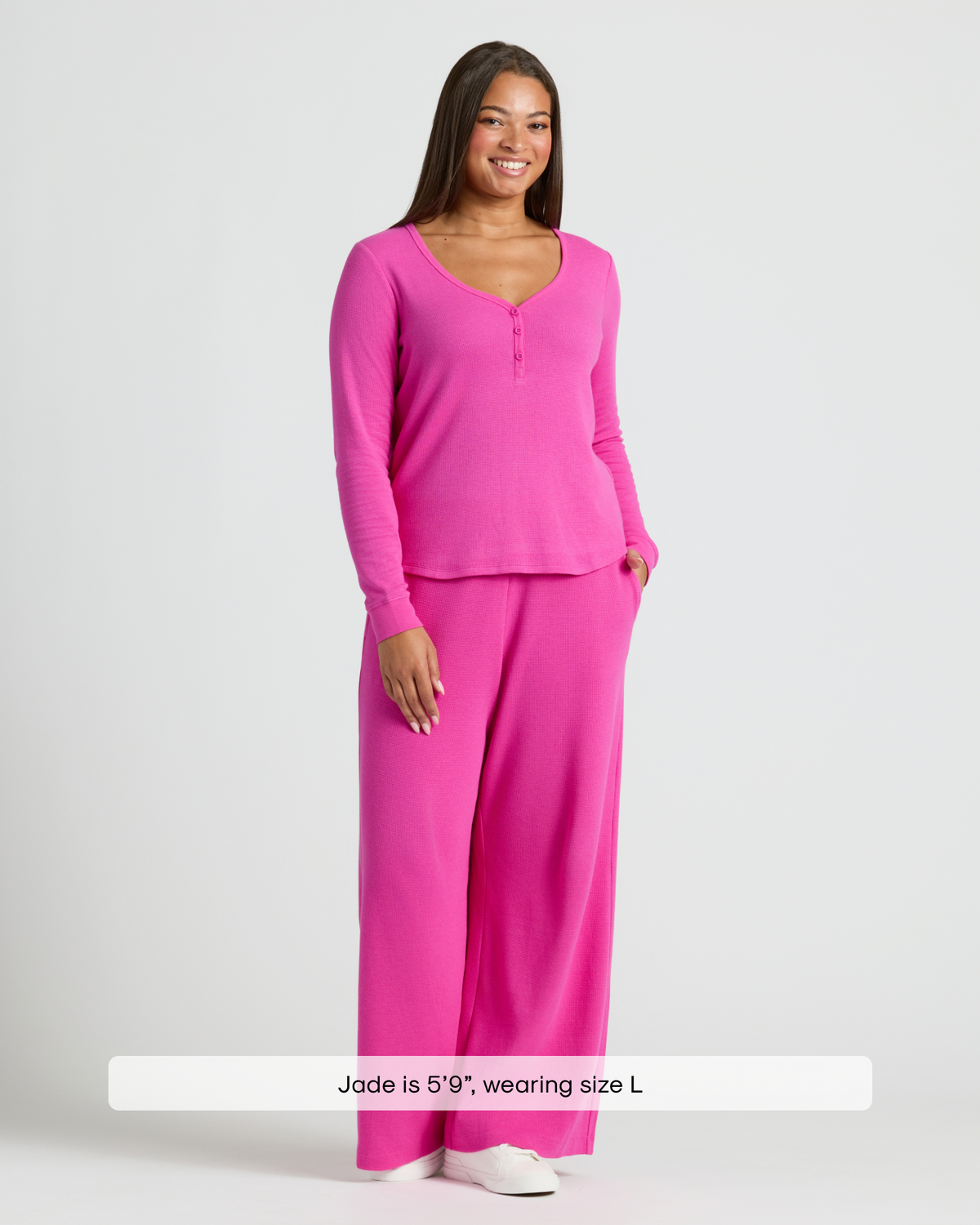 Womens Electric Fuchsia Waffle Long Sleeve Henley & Waffle Leg Pant 2-Pack