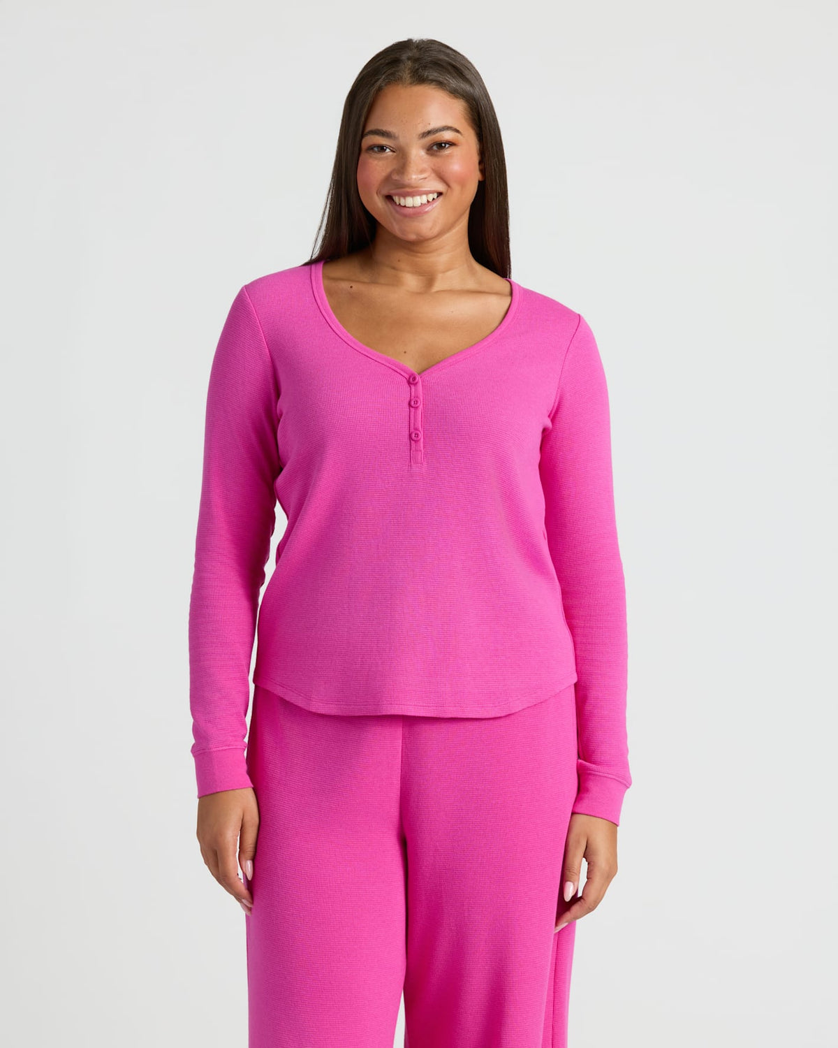 Womens Electric Fuchsia Waffle Long Sleeve Henley & Waffle Leg Pant 2-Pack