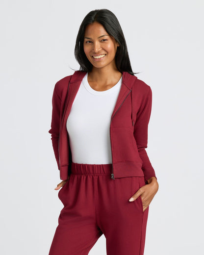 Womens Dark Maroon Crop Zip Hoodie & Relaxed Jogger 2-Pack