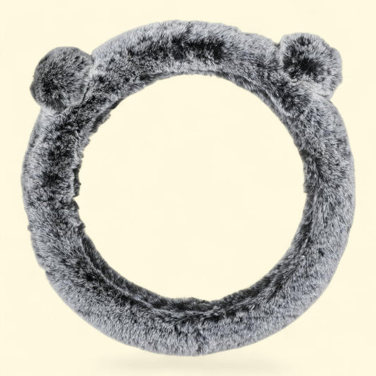 Auto Drive Steering Wheel Cover, Gray Fluffy Pom-Pom Ears, One Size
