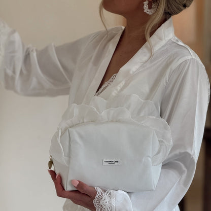 White Ruffle Satin Makeup Bag