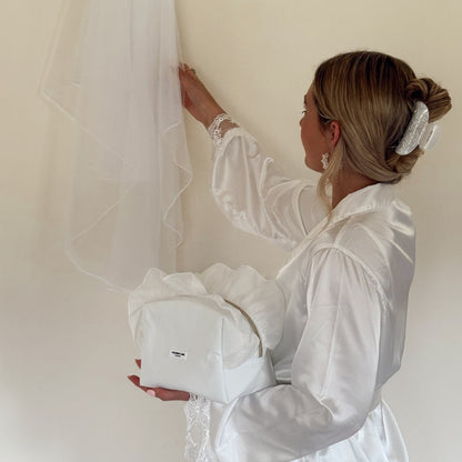 White Ruffle Satin Makeup Bag