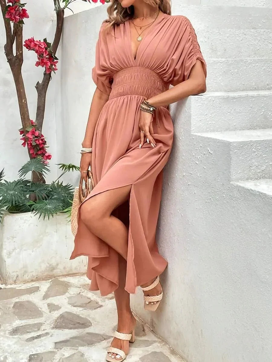 Aydan Bat Sleeved V-neck Slit Dress