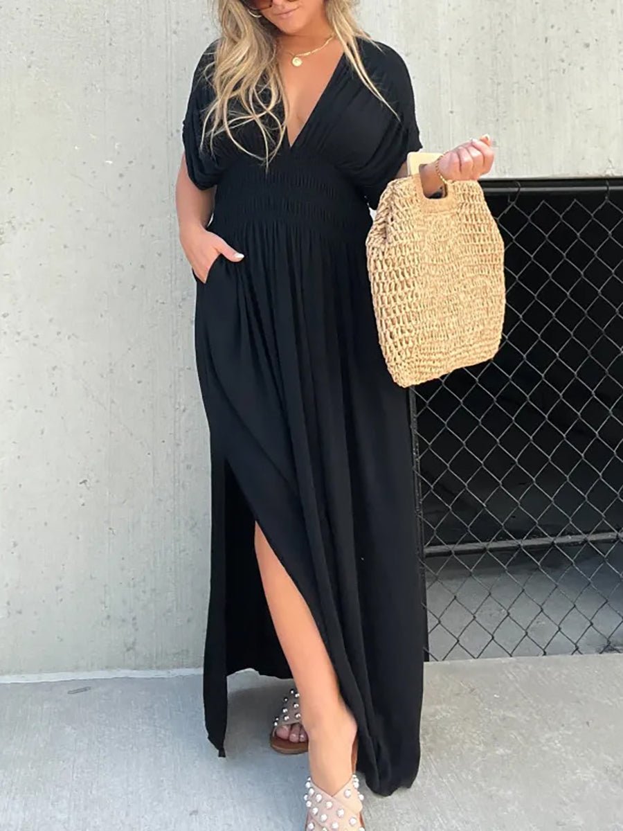 Aydan Bat Sleeved V-neck Slit Dress