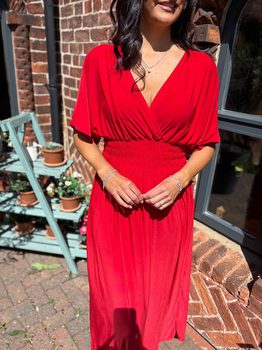 Aydan Bat Sleeved V-neck Slit Dress