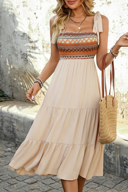 Jet Stream Ethnic Patchwork Knot Strap Midi Dress