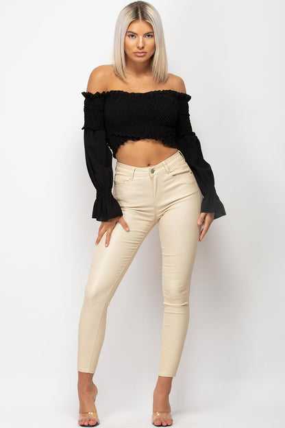 Beige Coated Denim Skinny Jeans