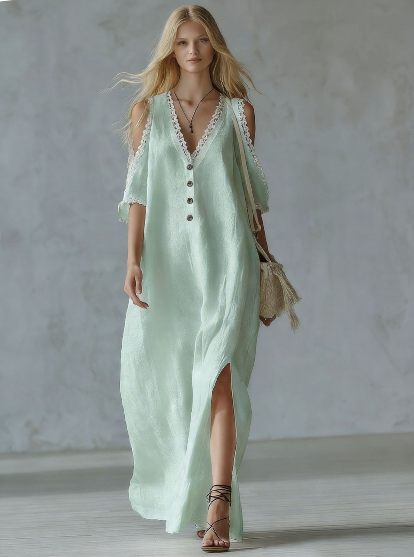 Women's Lace-Trim Loose A-Line Dress – Three-Quarter Sleeve Maxi