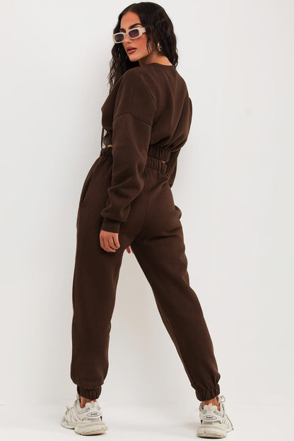 Crop Sweatshirt And Joggers Tracksuit Brown