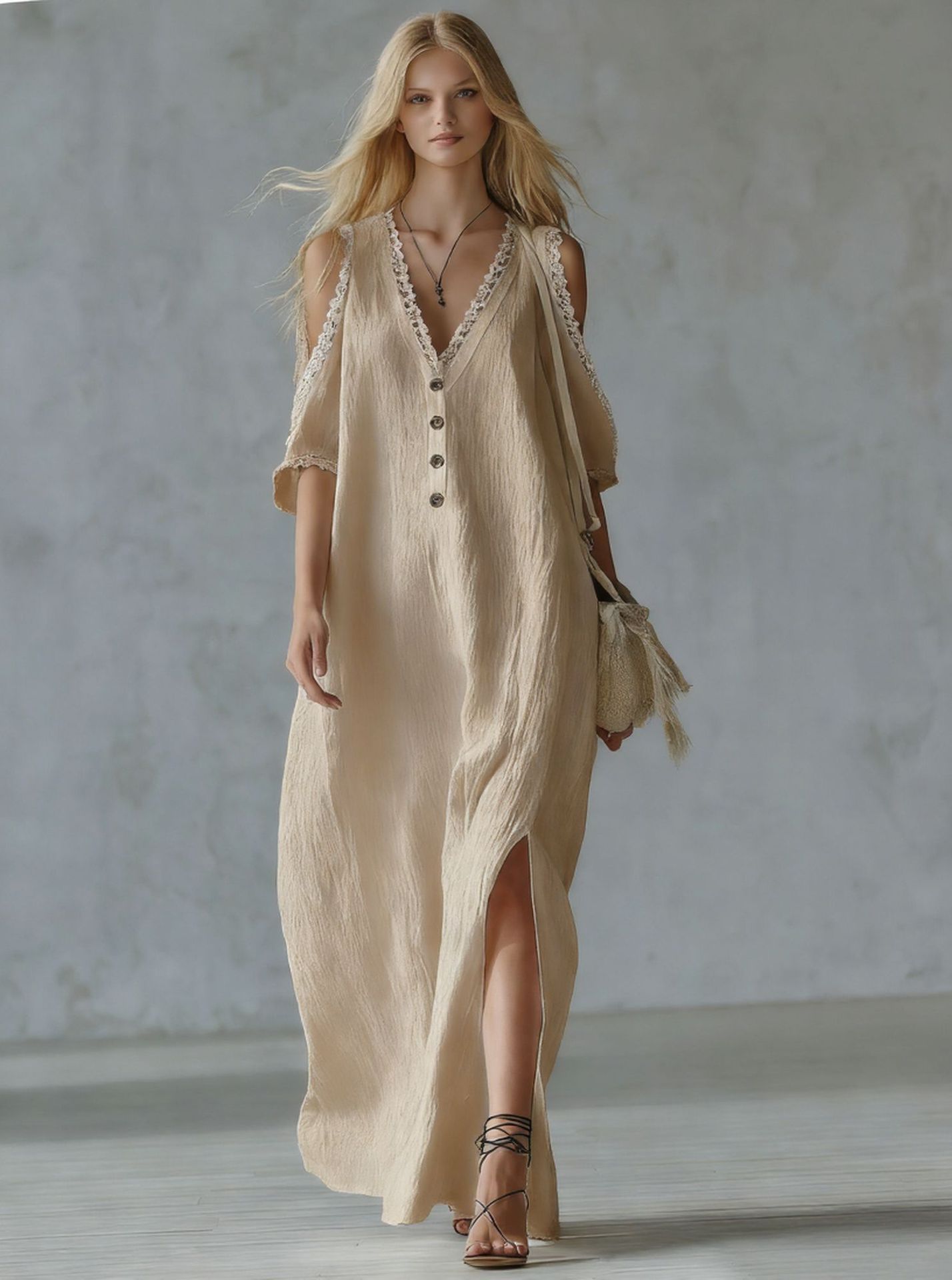 Women's Lace-Trim Loose A-Line Dress – Three-Quarter Sleeve Maxi