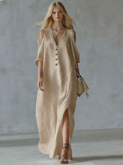 Women's Lace-Trim Loose A-Line Dress – Three-Quarter Sleeve Maxi