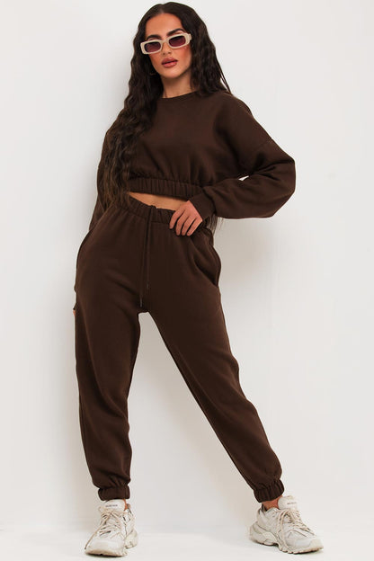Crop Sweatshirt And Joggers Tracksuit Brown