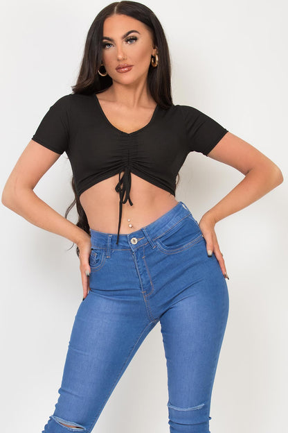 Black Crop Top With Ruched Front