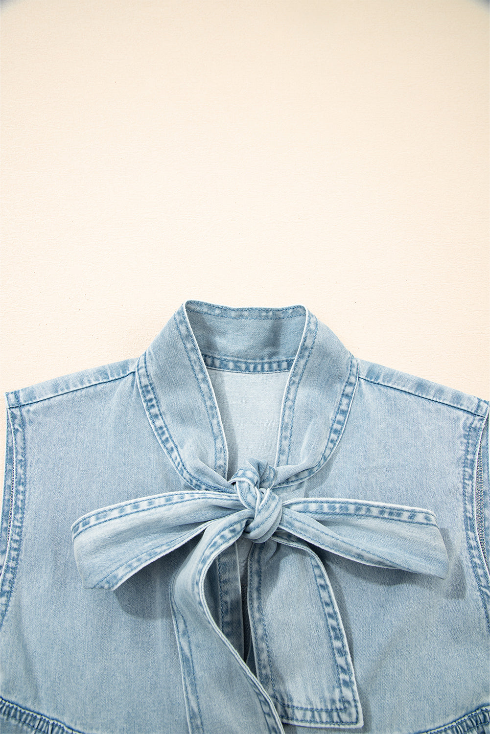 Real Teal Bowknot Neck Ruffled Sleeveless Chambray Dress