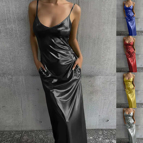 Textured Mirror-Finish U-Neck Slip Maxi Dress with Pockets