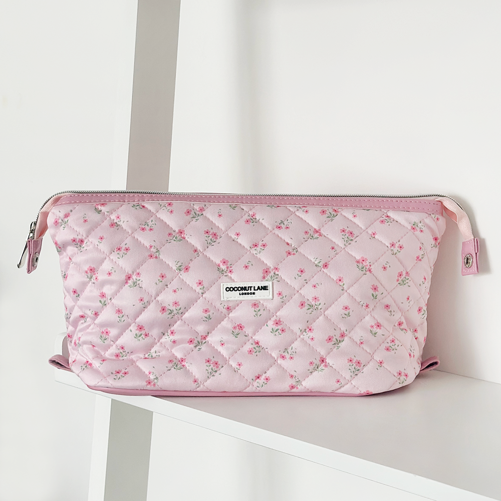 Expandable Makeup Bag - Quilted Ditsy Floral Pink