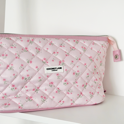 Expandable Makeup Bag - Quilted Ditsy Floral Pink