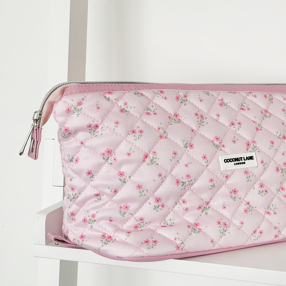 Expandable Makeup Bag - Quilted Ditsy Floral Pink