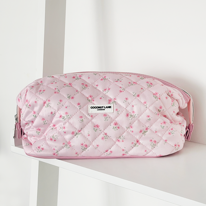 Expandable Makeup Bag - Quilted Ditsy Floral Pink