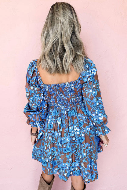 Blue Smocked Bodice High Waist Ruffled Sleeve Floral Dress