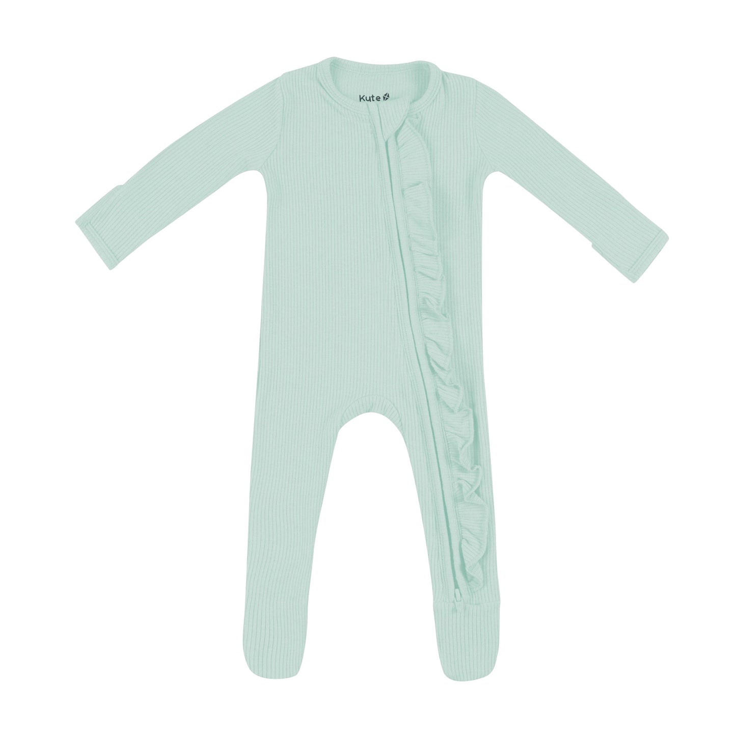 Ribbed Ruffle Zipper Footie in Sage