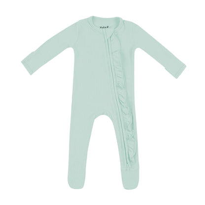 Ribbed Ruffle Zipper Footie in Sage
