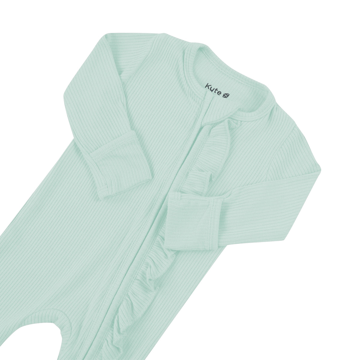 Ribbed Ruffle Zipper Footie in Sage