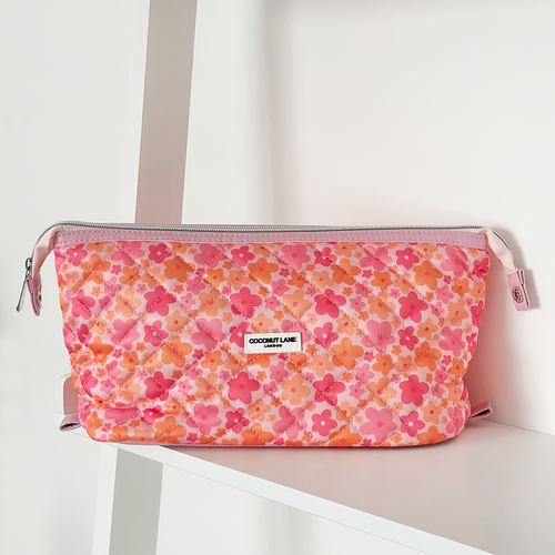 Expandable Makeup Bag - Quilted Pink & Orange Bloom