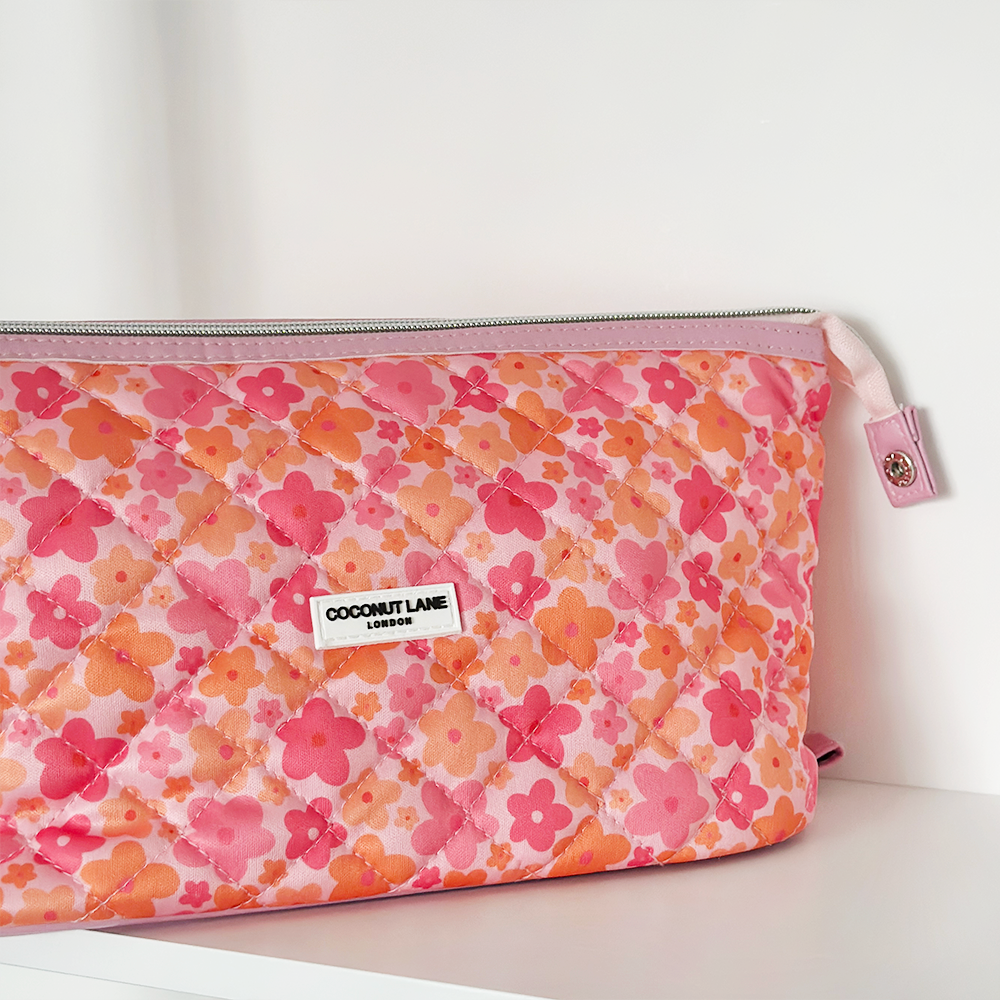 Expandable Makeup Bag - Quilted Pink & Orange Bloom