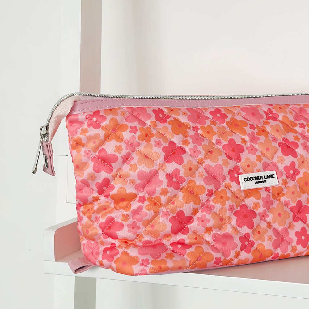 Expandable Makeup Bag - Quilted Pink & Orange Bloom