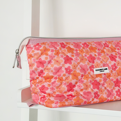 Expandable Makeup Bag - Quilted Pink & Orange Bloom