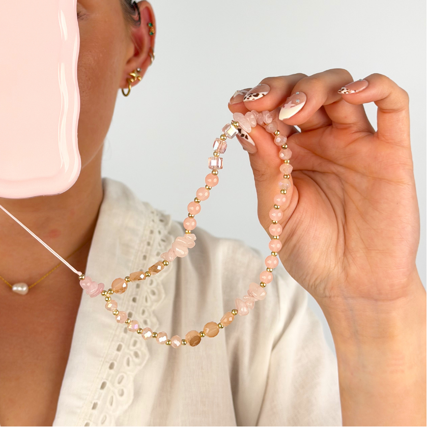 Beaded Phone Strap - Pink & Gold