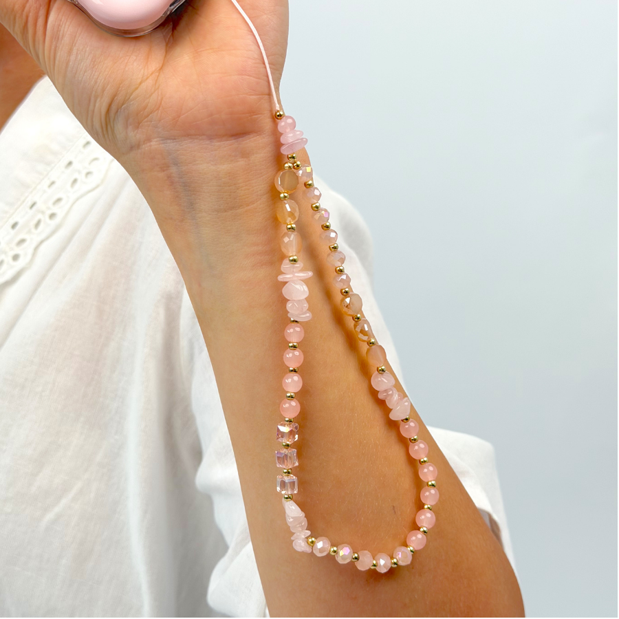 Beaded Phone Strap - Pink & Gold