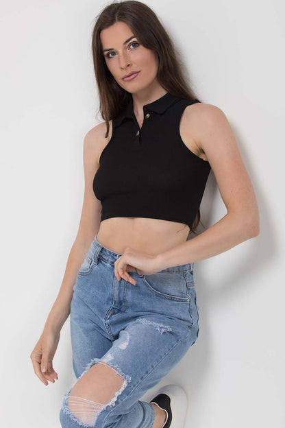 Black Rib Polo Collar Crop Top