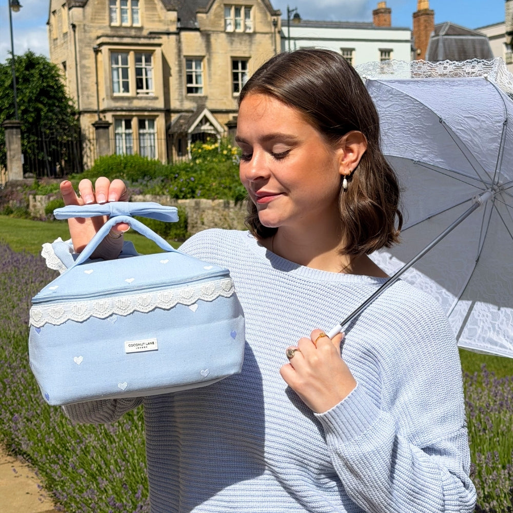 Travel Vanity Case - Powder Blue Hearts