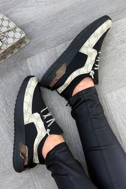 Black Lace Up Trainers With Diamante Detail