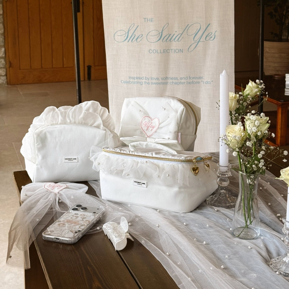 White Ruffle Satin Makeup Bag