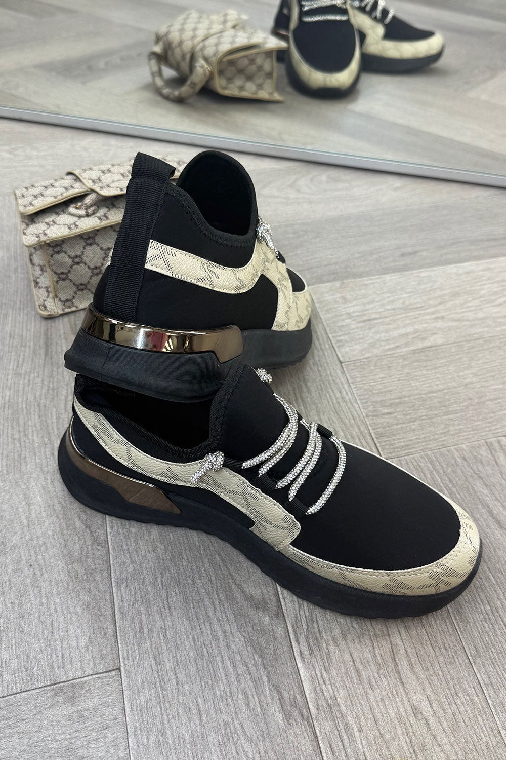 Black Lace Up Trainers With Diamante Detail